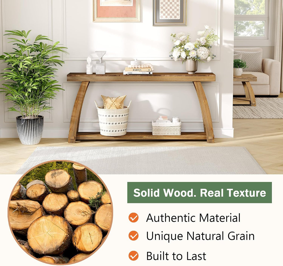 Solid Wood Console Table, 63" Sofa Table with Slightly Curved Legs