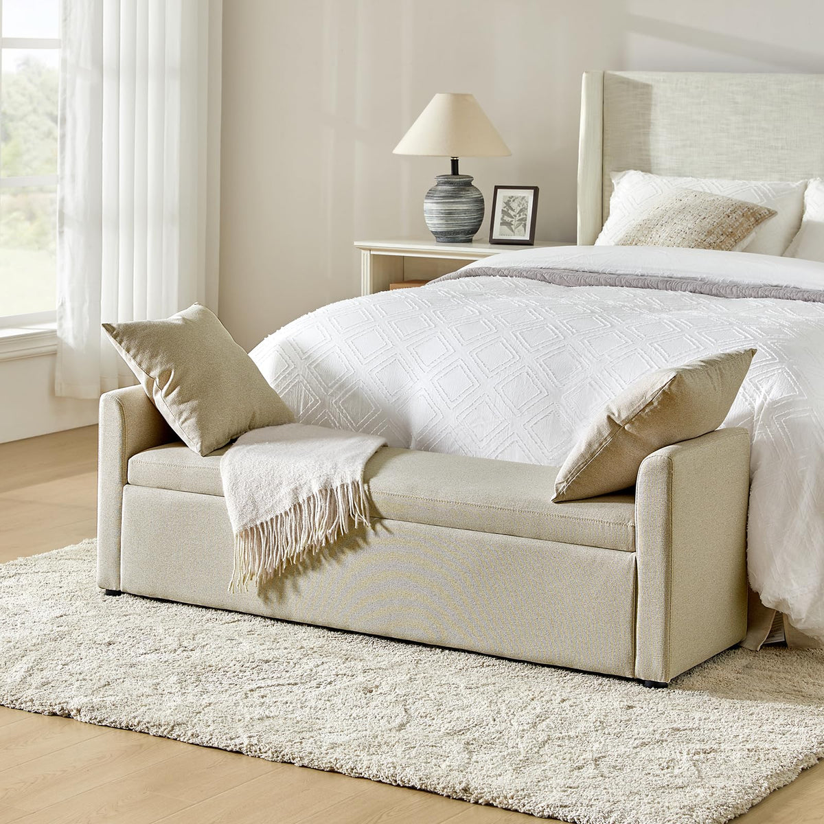 HULALA HOME 59" Storage Bench with 2 Throw Pillows & Armrests, Linen