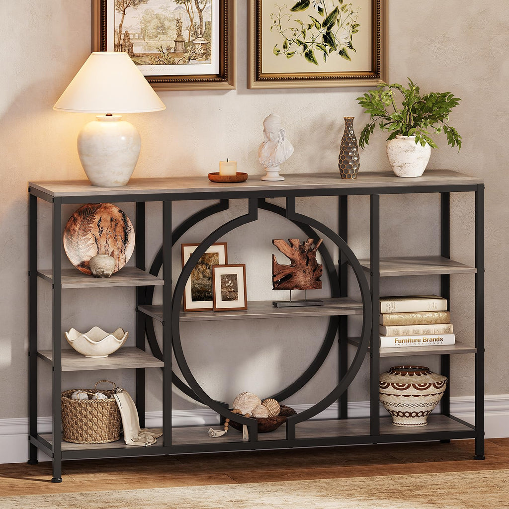 GiftGo 47" Industrial Console Tables for Entryway Rustic Sofa Table Behind Couch 4 Tier Wooden Shelves Entry Table with Storage for Foyer, Hallway, Front Door,Living Room (White Gold, 47")