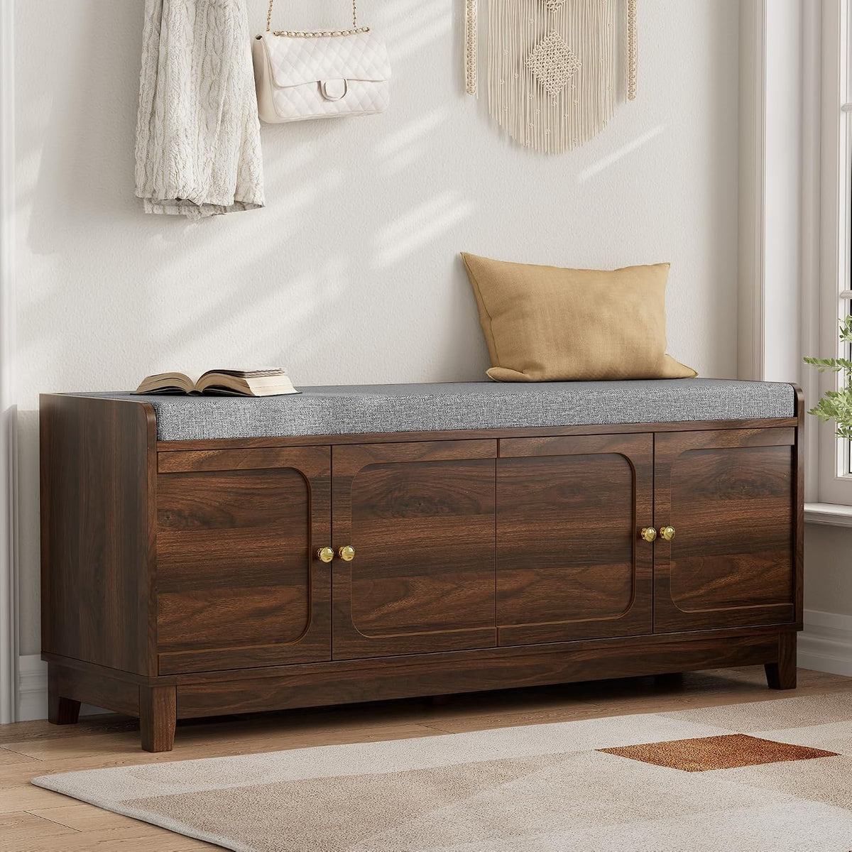 2-Tier Shoe Storage Bench, Entryway Bench w/Thickened Padded Seat Cushion