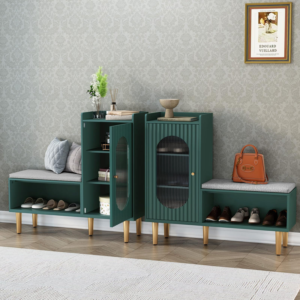 HLR Shoe Storage Bench with Glass Door&Shelf, L-Shaped Shoe Cabinet, Green