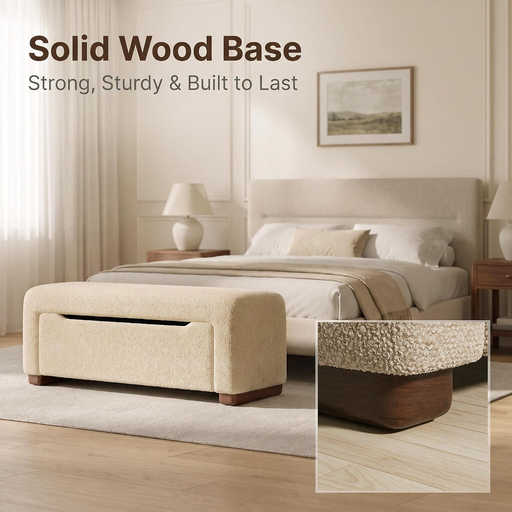 47.2" Upholstered Storage Bench for Bedroom, Boucle-Style End of Bed Bench with Hidden 25.7 Gallon Storage, Soft Textured Woven Ottoman Bench, Camel