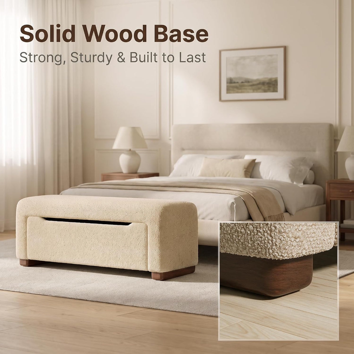 47.2" Upholstered Storage Bench for Bedroom, Boucle-Style End of Bed Bench with Hidden 25.7 Gallon Storage, Soft Textured Woven Ottoman Bench, Camel