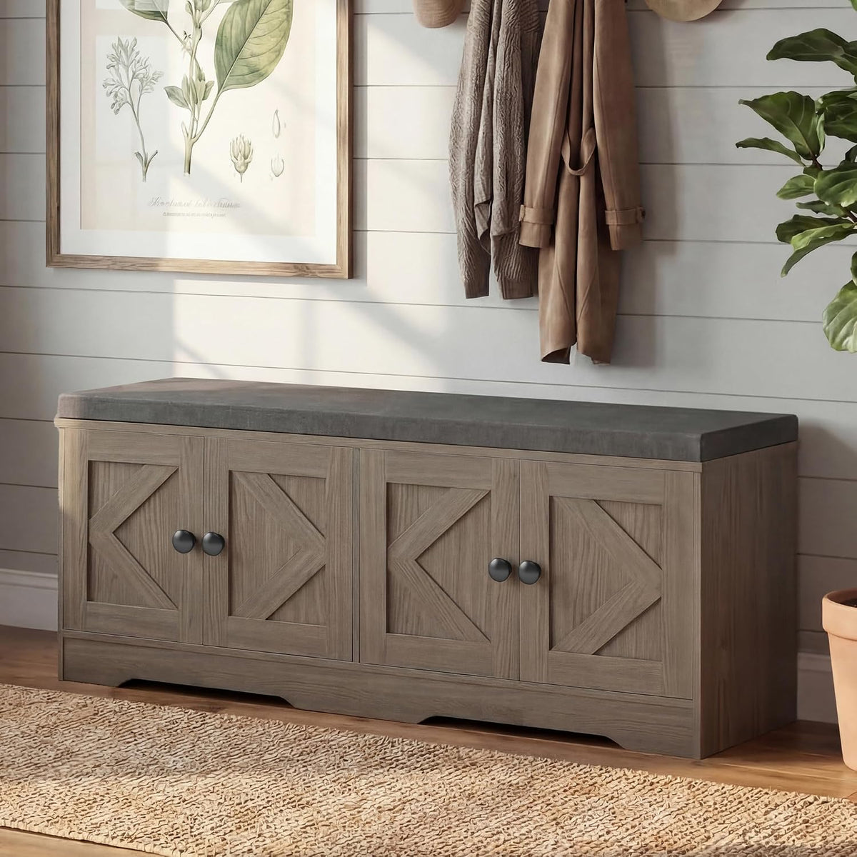 Apicizon Storage Bench with Seat Cushion, 2 Tier Entryway Bench with 4 Barn Doors, Adjustable Shelves, 47.36" Shoe Bench for Entryway Hallway Bedroom Living Room, Greige