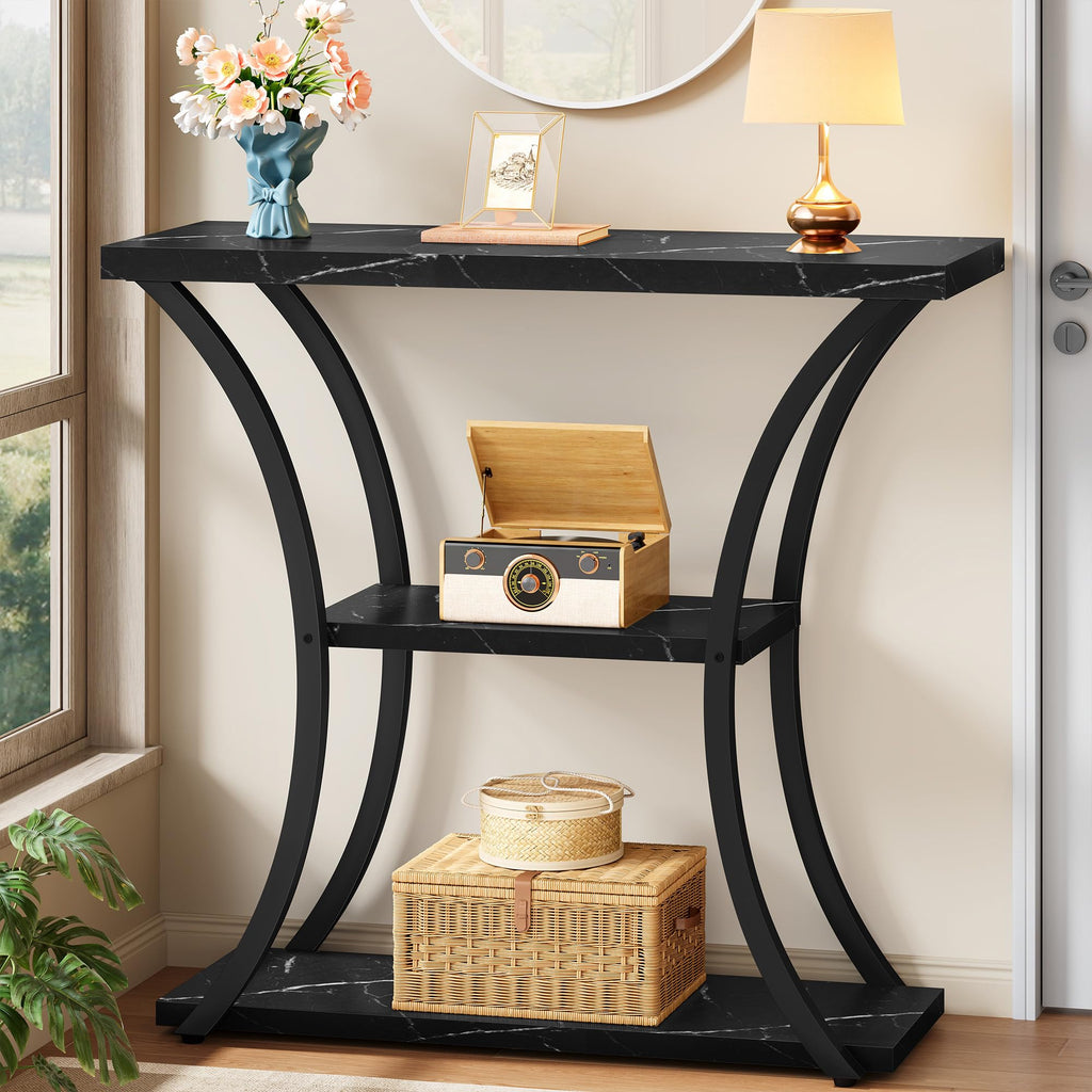 Hoctieon 3 Tier Console Table with Open Wood Shelves, Decorative Entryway Table with Curved Metal Frames, Narrow Sofa Table for Entrance, Living Room, Hallway, Rustic Brown+Black