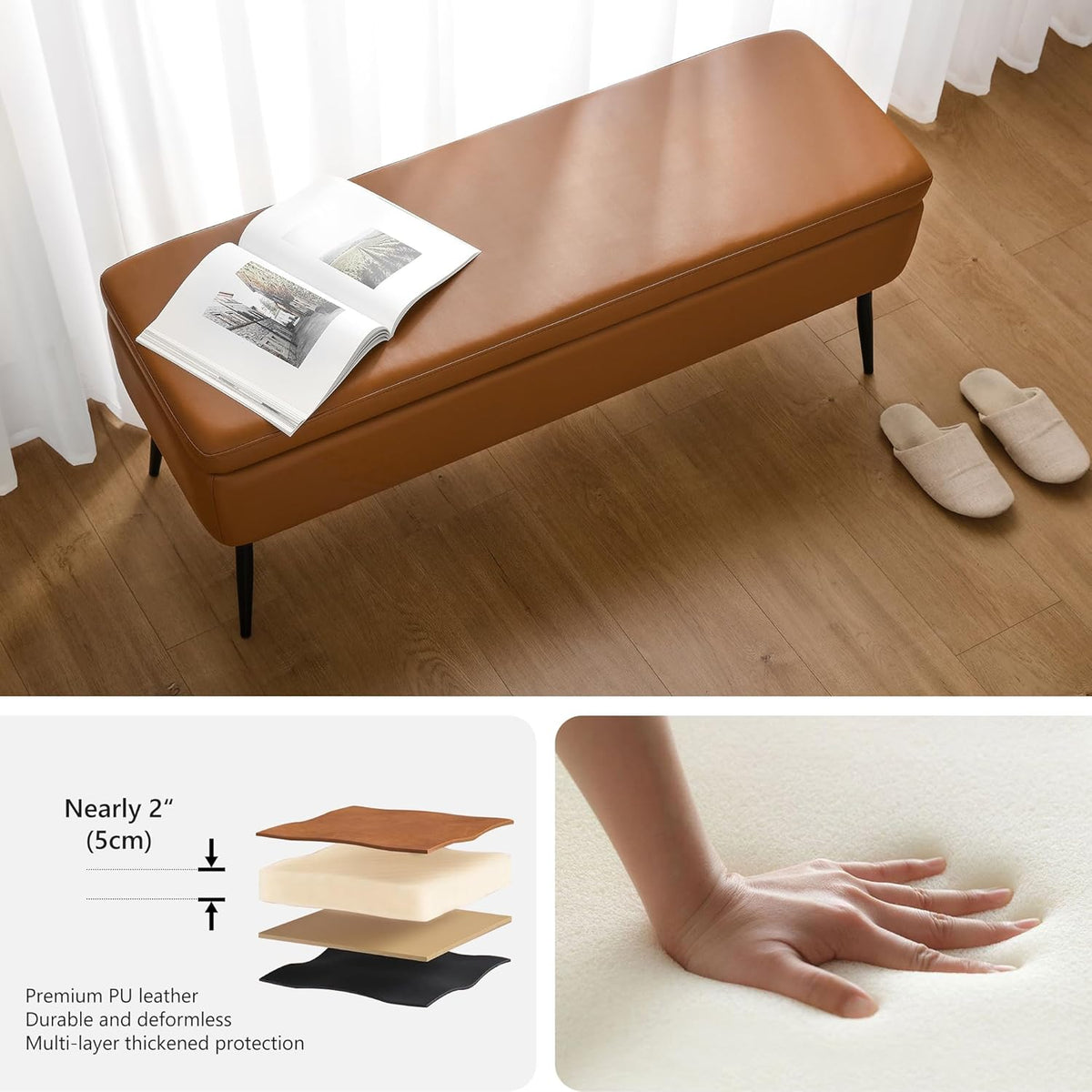kinmars Leather Storage Ottoman Bench, End of Bed Bench with Steel Legs