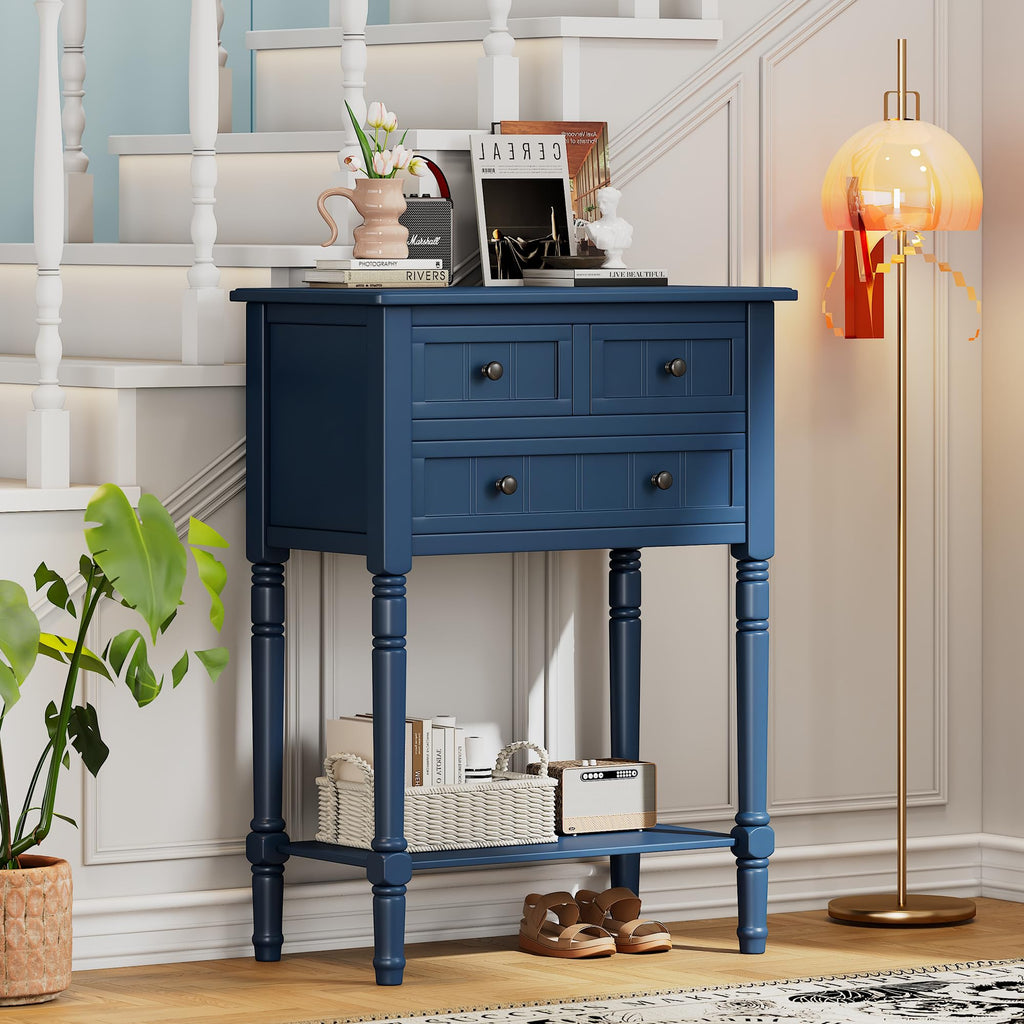 Knocbel Slim Antique Entry Console Table with 3 Drawers & Bottom Open Shelf, Solid Wood Narrow Sofa Couch Table for Entryway Hallway Living Room 23.7" W x 13" D x 31.4" H Natural