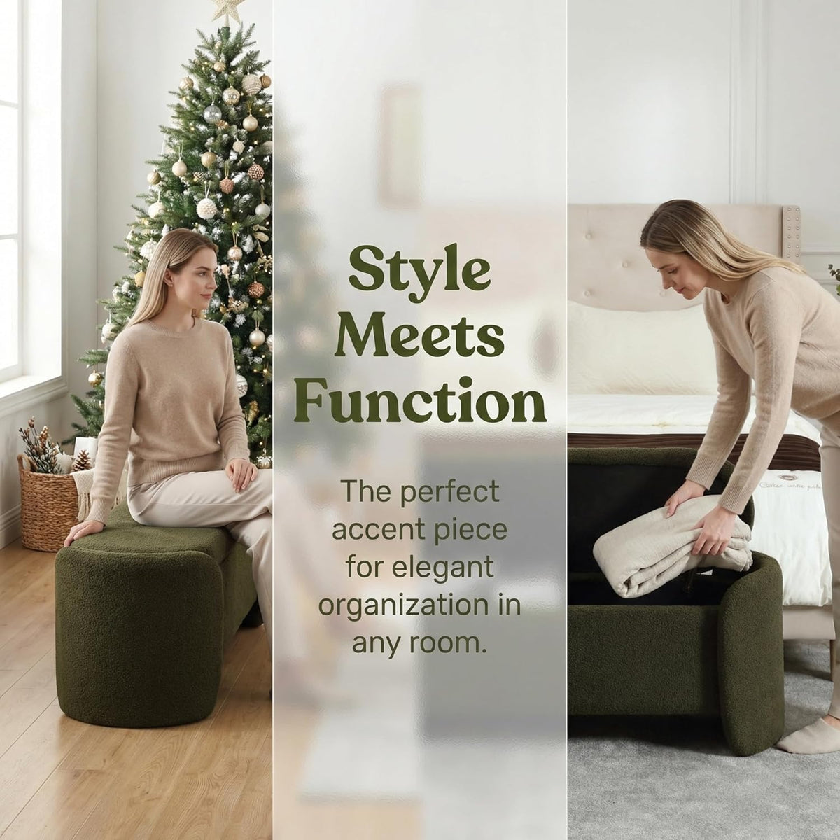 LukeAlon 50 inch Storage Ottoman Bench, Christmas Tree Green