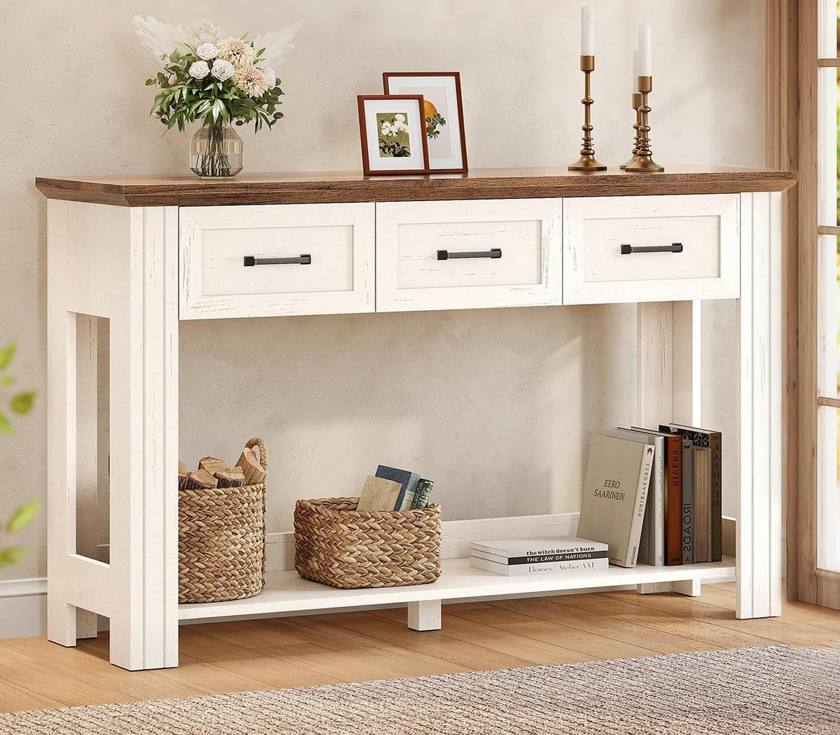 55" Farmhouse Console Table with 3 Drawers, Rustic Entryway Table