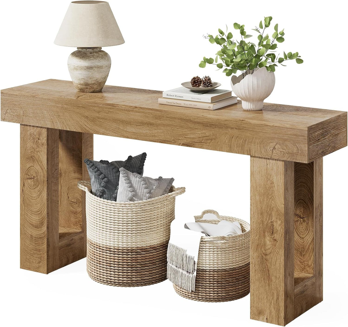 LITTLE TREE 63 Inches Long Sofa Table, Farmhouse Console Table for Entryway, Wooden Sofa Table for Living Room, Behind Couch Table, Rectangle Hallway Foyer Table for Entrance, Oak