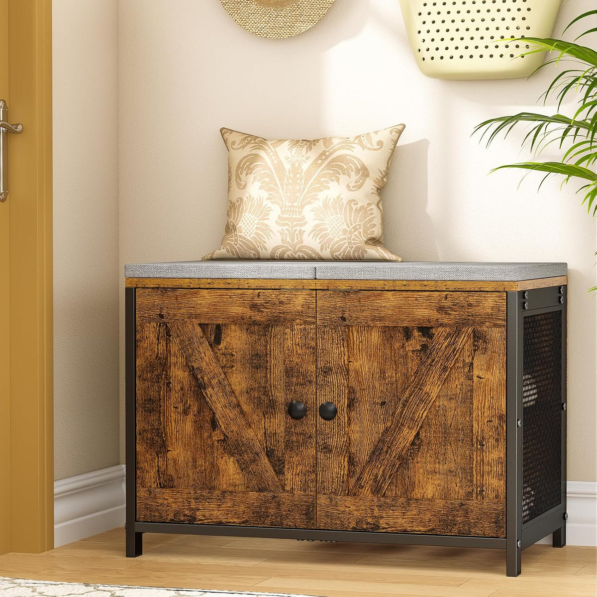 ThreeHio Shoe Storage Bench with Cushion & Doors, Small Entryway Bench with 2-Tier Shoe Organizer Cabinet, Farmhouse Storage Bench for Entryway, Closet, Living Room, Under Bed, Bedroom, Rustic Brown