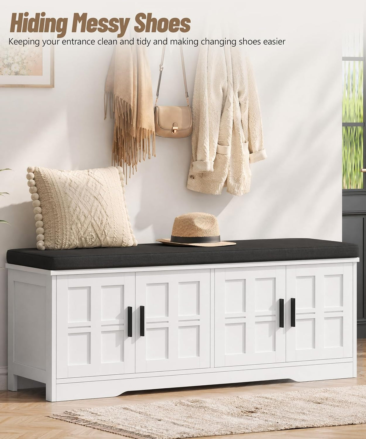 Akxomel 47.2" Shoe Storage Bench 4 Doors Wooden Entryway Bench White