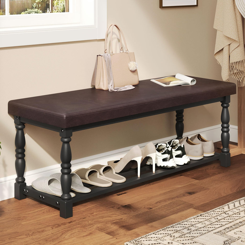 DWVO 47.2" Storage Bench, 2 Safety Hinges, Living Room, White and Walnut