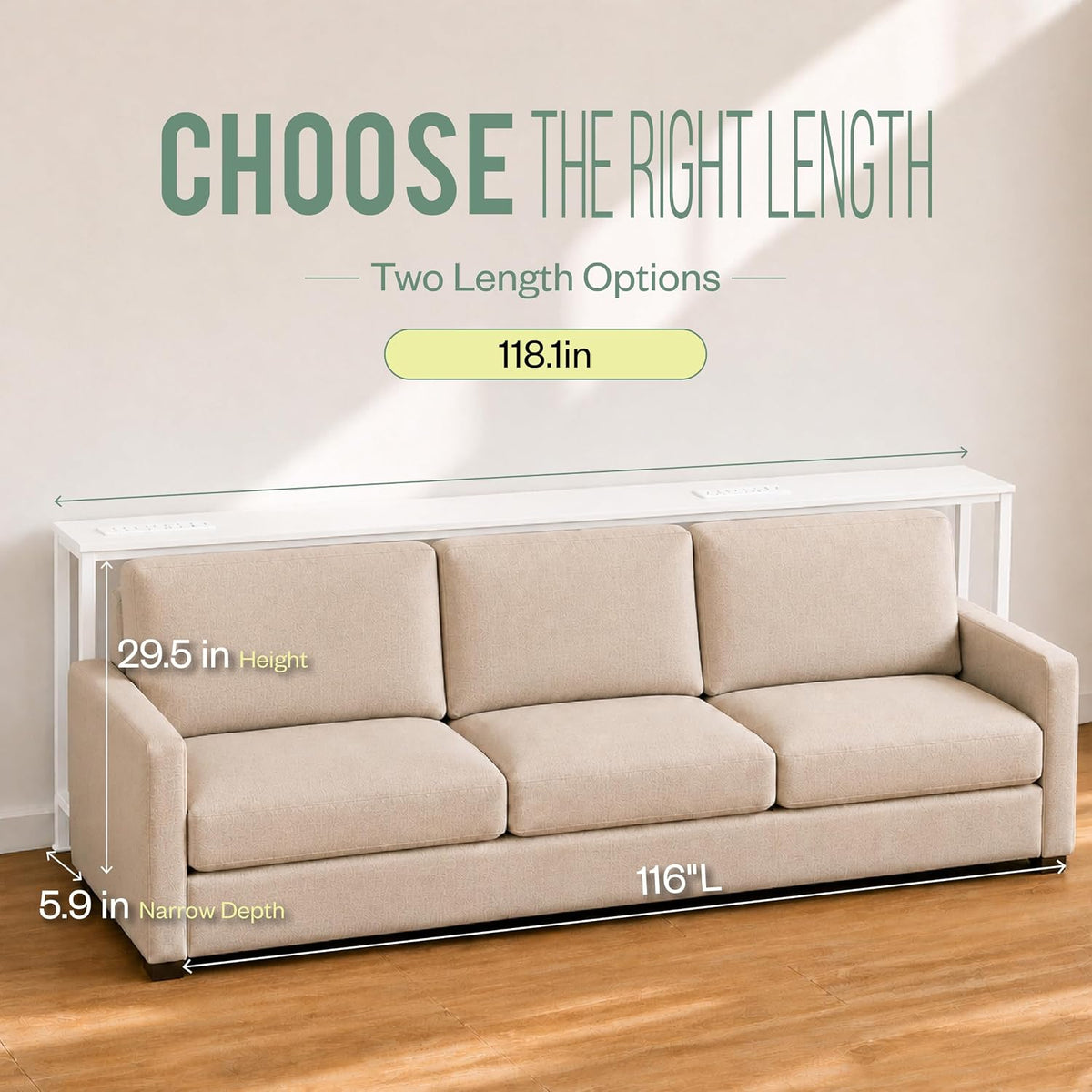118 inch Extra-Long Sofa Table Behind Couch with Outlets, 5.9 inch Deep Narrow Console Table with Storage, Extra-Long Side Table Room Decor for Entryway Hallway Small Spac, White