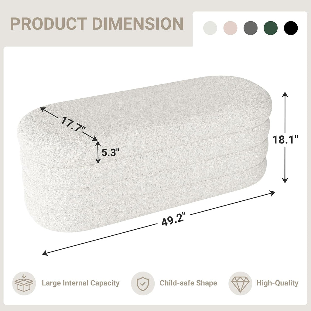 Busaurus Storage Ottoman Bench 49.2 Inch Upholstered Fabric Storage Bench for Bedroom End of Bed Aesthetic Large Oval Ottoman for Living Room Entryway (Ivory)