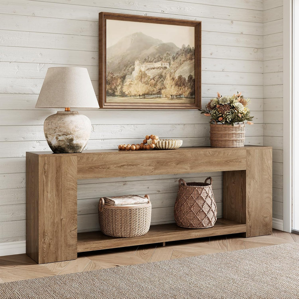 Epecoya 86-Inch Extra Long Console Tables for Entryway, Natural Oak Brown