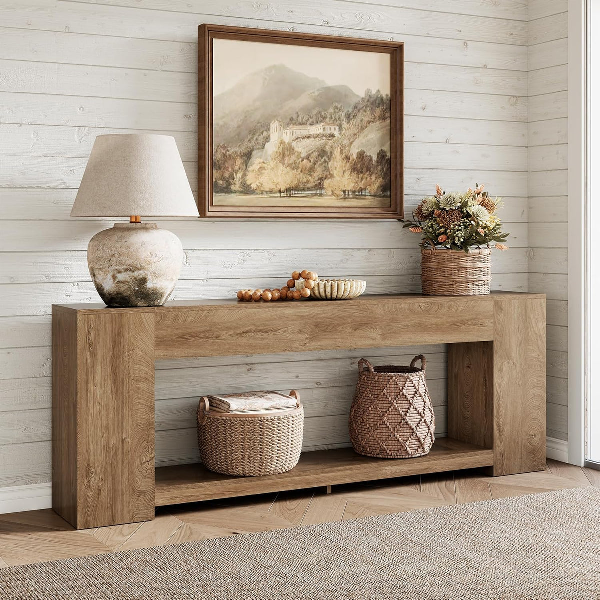 Epecoya 86-Inch Extra Long Console Tables for Entryway, Natural Oak Brown