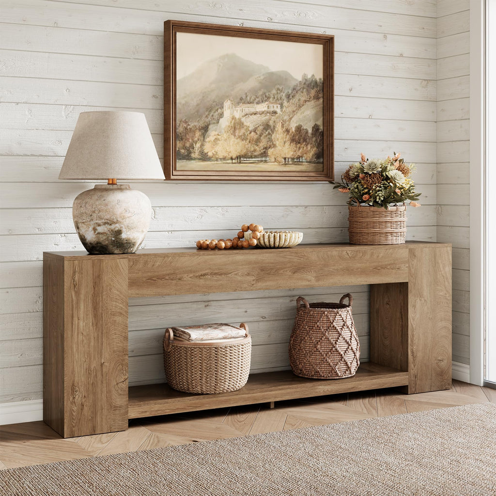 Epecoya 86-Inch Extra Long Console Tables for Entryway, Natural Oak Brown