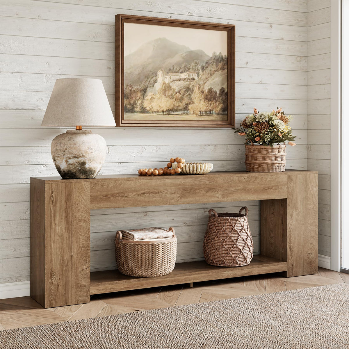 Epecoya 86-Inch Extra Long Console Tables for Entryway, Natural Oak Brown