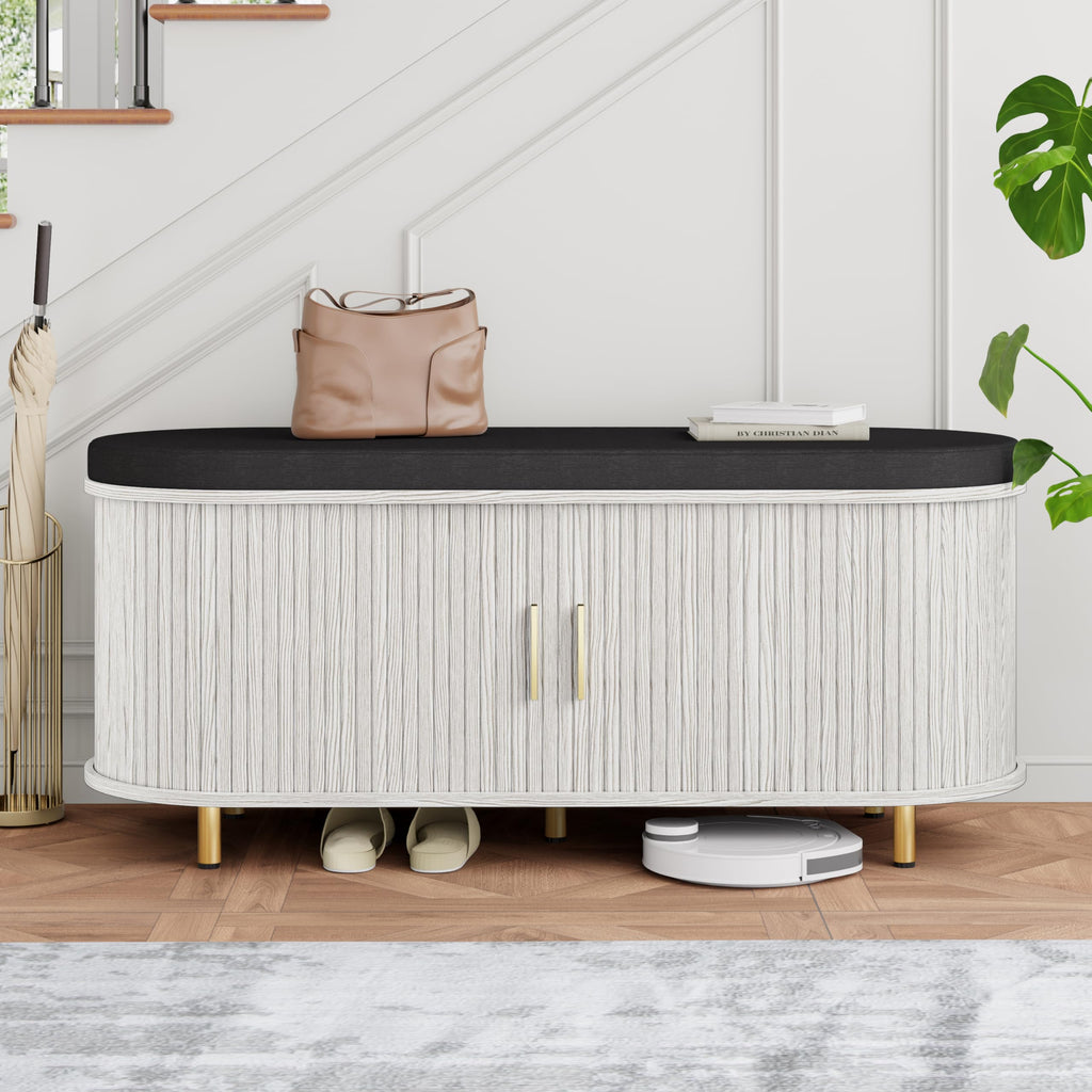 DHH 2-Tier Storage Bench,Wide Shoe Bench with Thickened Padded Seat Cushion, Mid Century Modern Fluted Sliding Door and Adjustable Shelf, for Entryway, Living Room, Bedroom (Walnut, 43.3“)