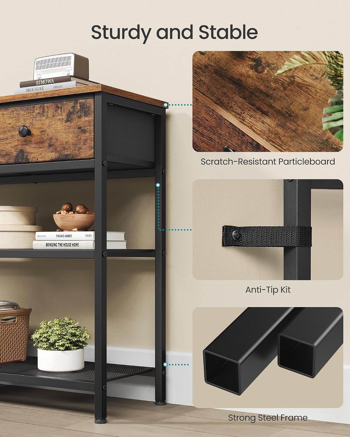 SONGMICS Console Table with 3 Fabric Drawers, Narrow Entryway Furniture