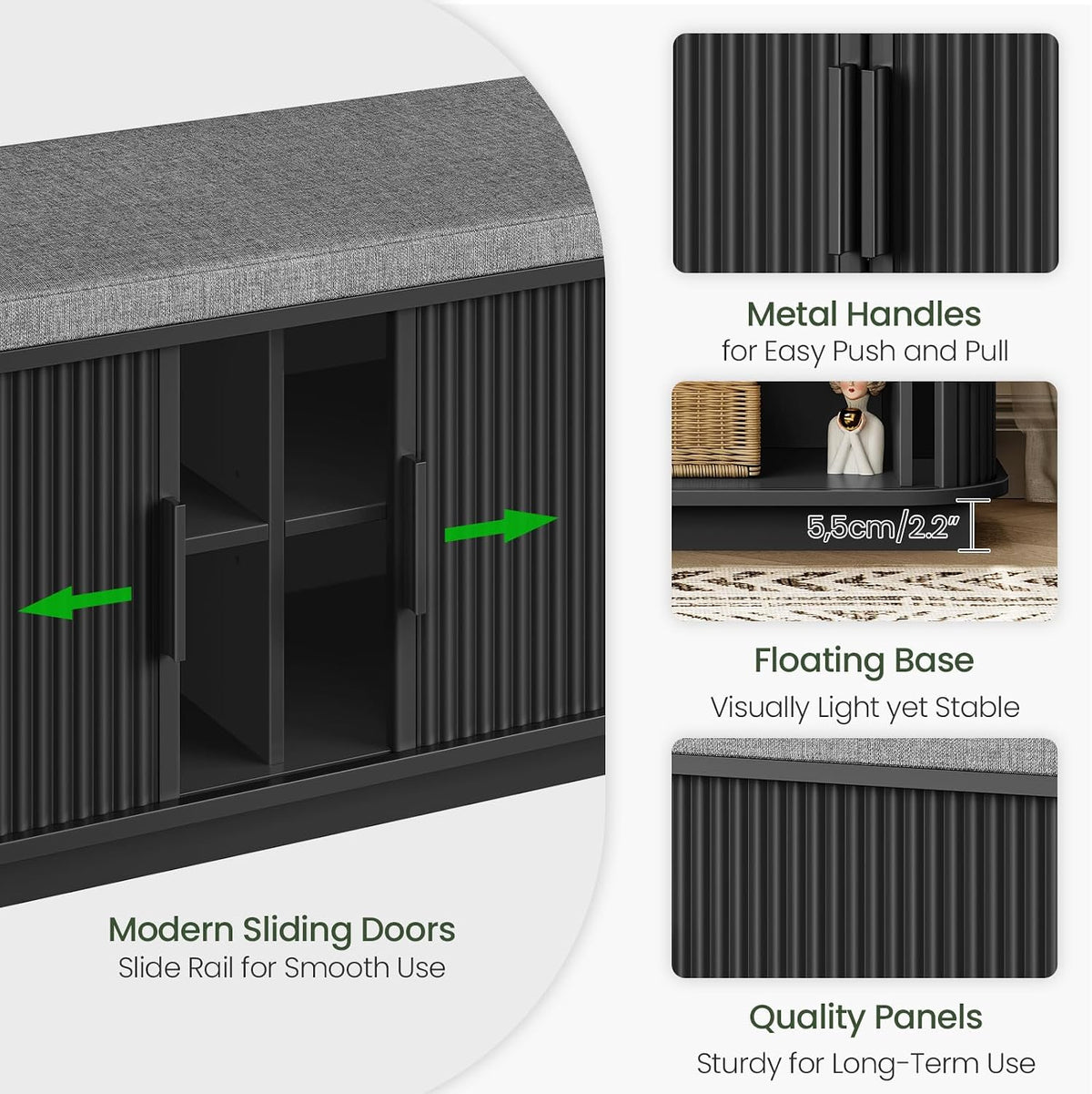 CHOEZON 39.4" Fluted Shoe Storage Bench with Cushion and Sliding Door