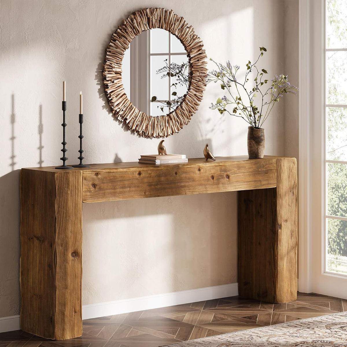 Solid Wood Console Table, 63-Inch Farmhouse Sofa Table Behind Couch for Entryway, Living Room, Foyer, Easy Assembly (Rustic Brown)