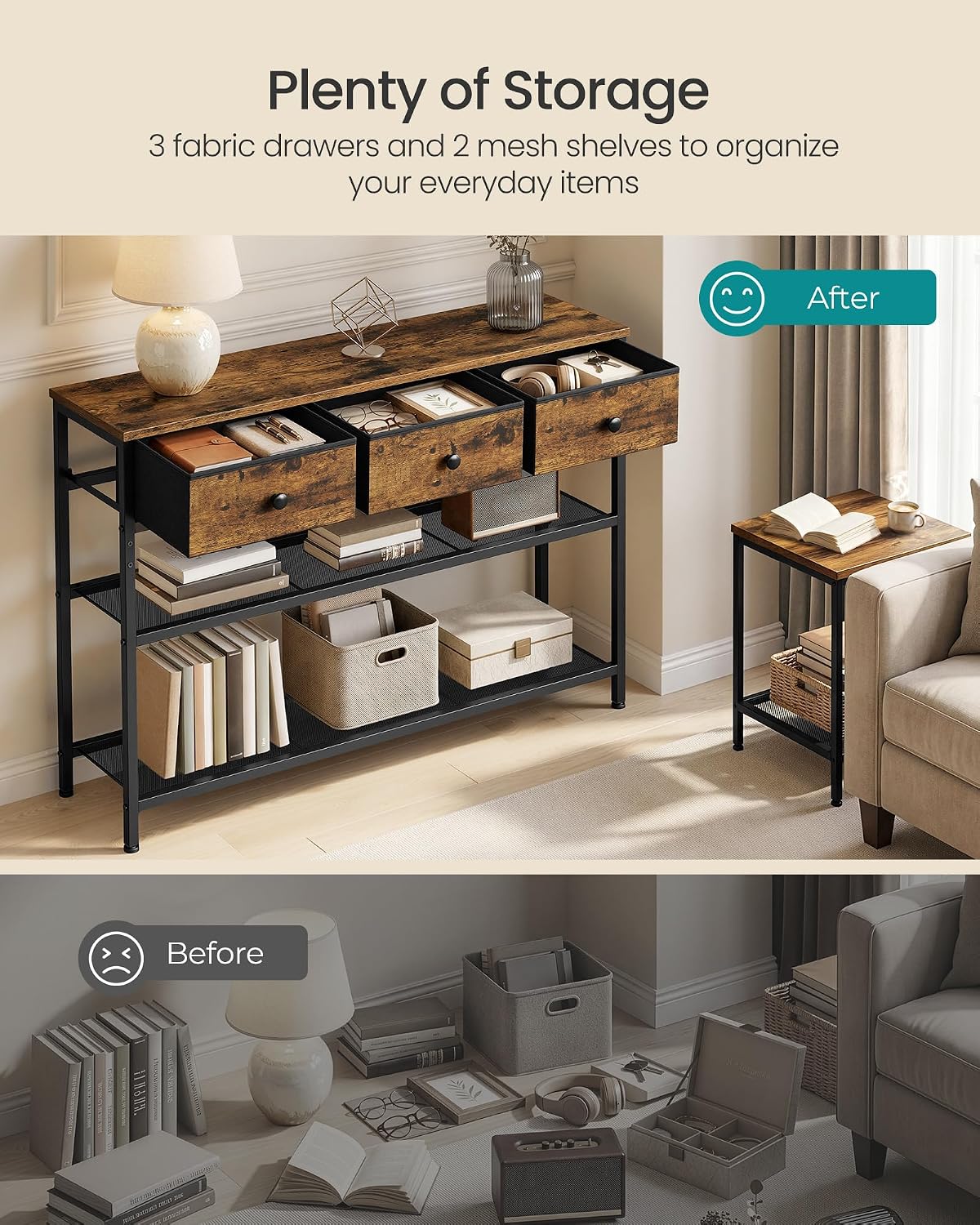 SONGMICS Console Table with 3 Fabric Drawers, Narrow Entryway Furniture
