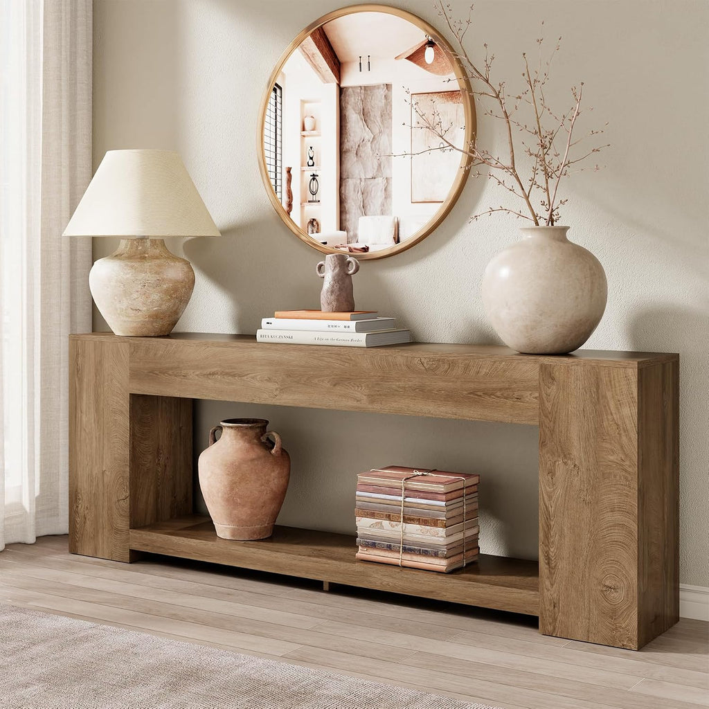 Epecoya 86-Inch Extra Long Console Tables for Entryway, Natural Oak Brown