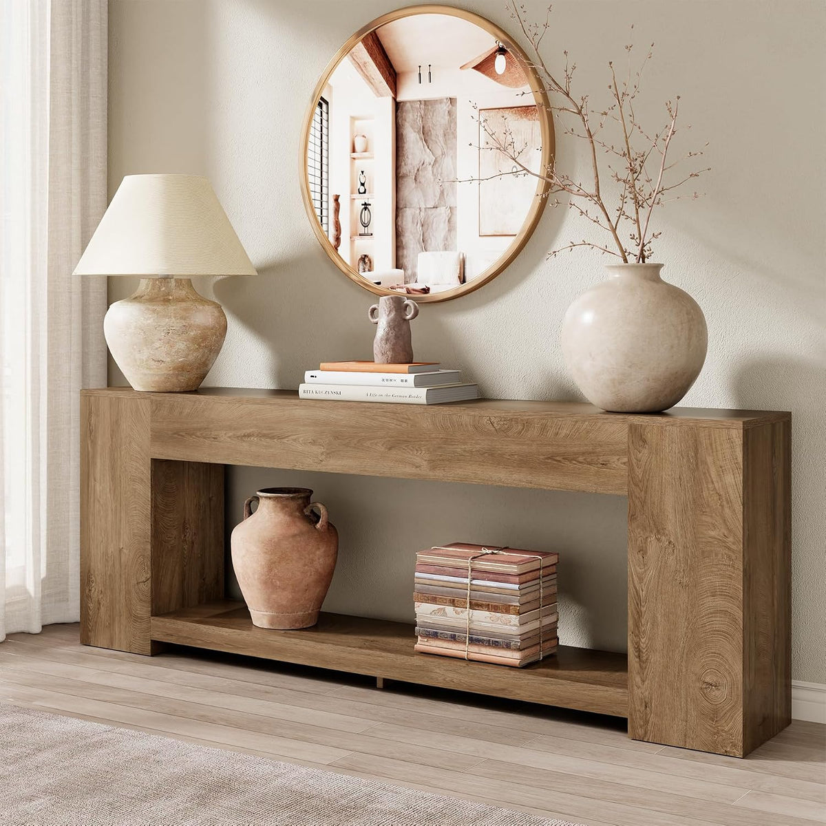 Epecoya 86-Inch Extra Long Console Tables for Entryway, Natural Oak Brown