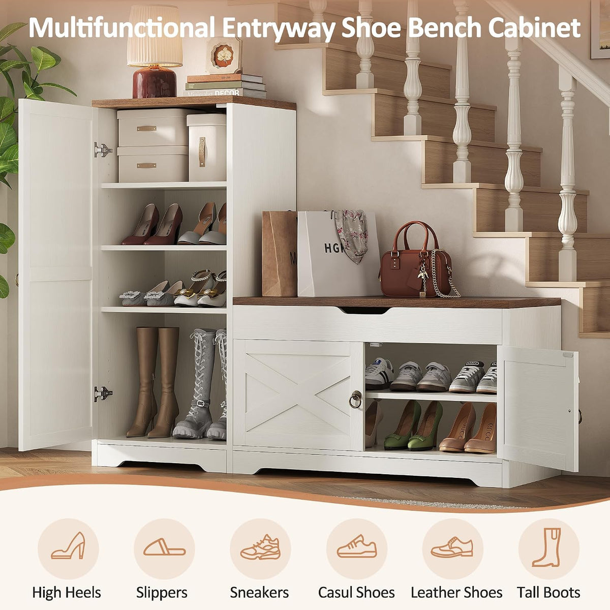 47'' Shoe Cabinet with Bench Seat, 7-Tier Shoe Storage Bench for Entryway with Adjustable Shelves, 0.7'' Top Panel and Hidden Lift Top Storage for Hallway Entrance, White