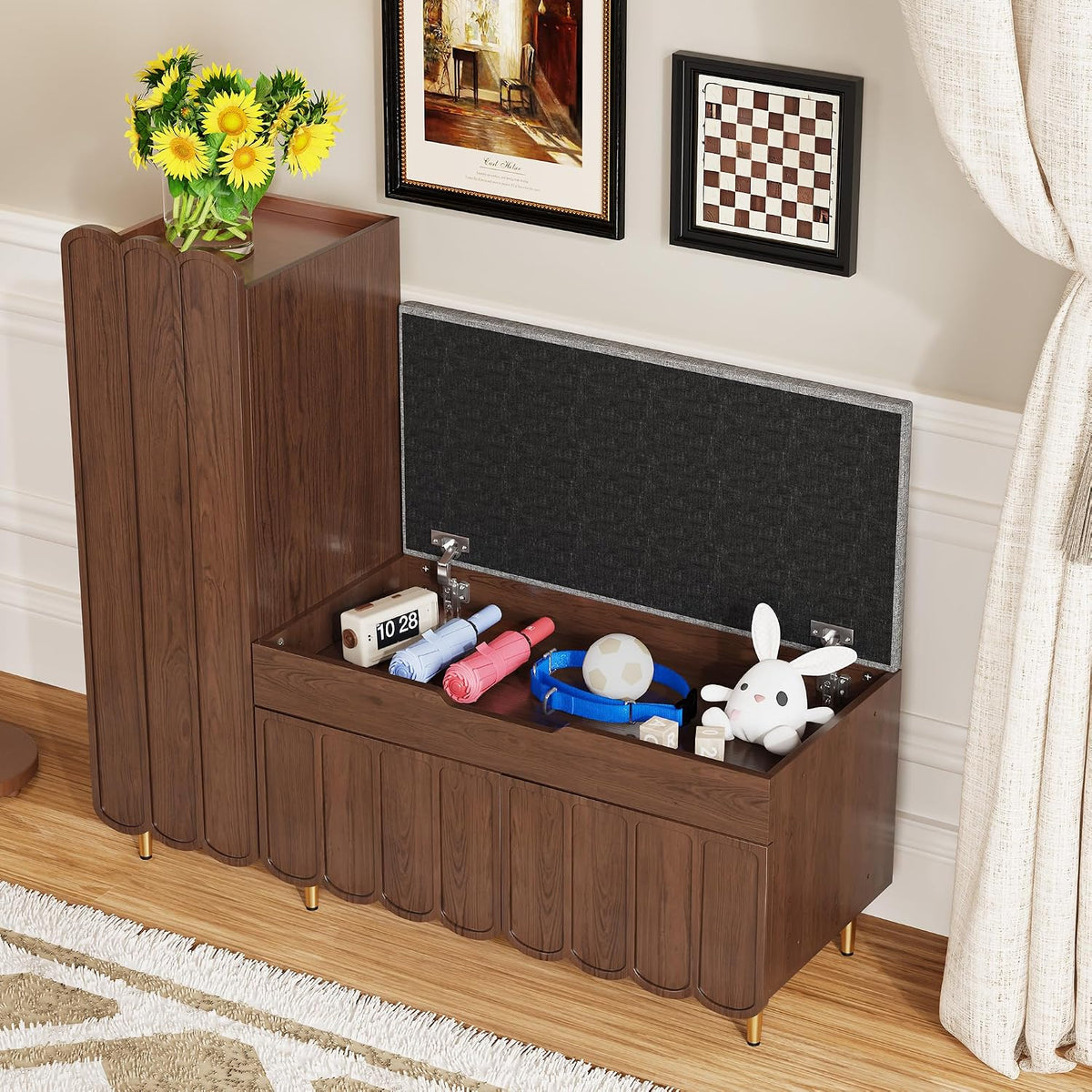 3More L-Shaped Entryway Shoe Bench with Cushioned Seat, Brown