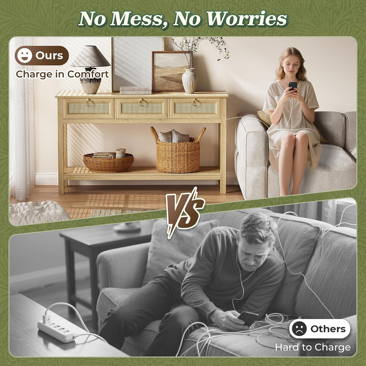 SUPERJARE Rattan Console Sofa Table with Outlets, USB-C Port and 3 Drawers
