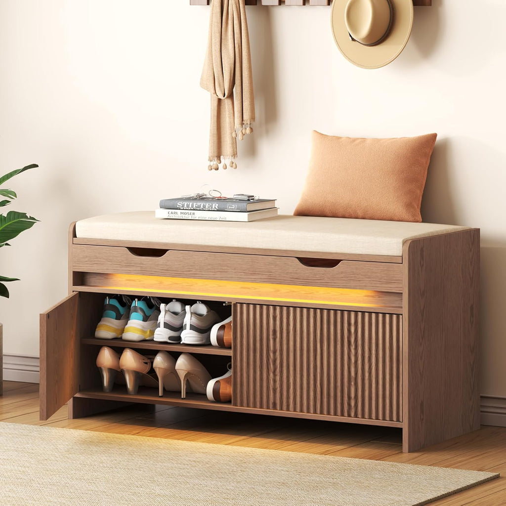HOMEFORT Shoe Storage Bench, Modern Entryway Bench with Fluted Doors & Built-in LED Sensor Light, Wooden Shoe Bench with Cushion for Hallway and Bedroom, Walnut