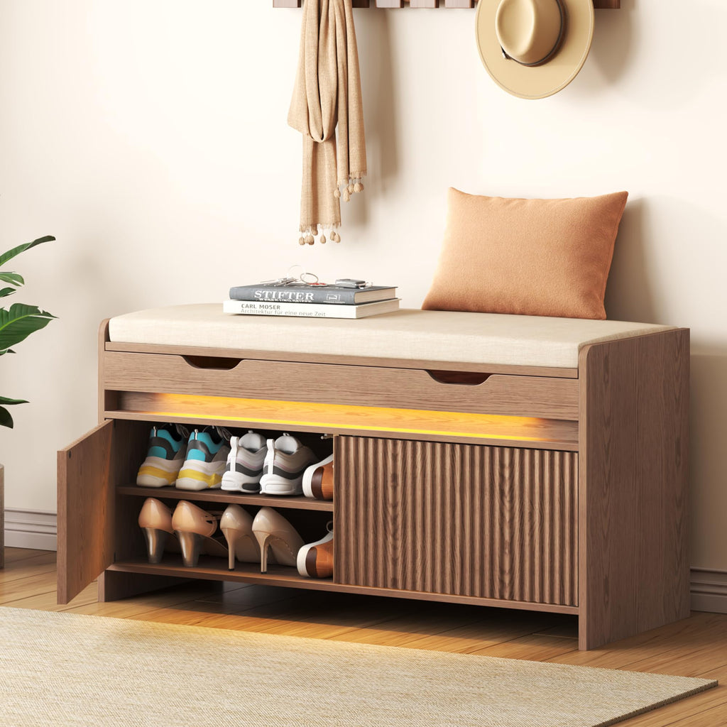 HOMEFORT Shoe Storage Bench, Modern Entryway Bench with Fluted Doors & Built-in LED Sensor Light, Wooden Shoe Bench with Cushion for Hallway and Bedroom, Walnut