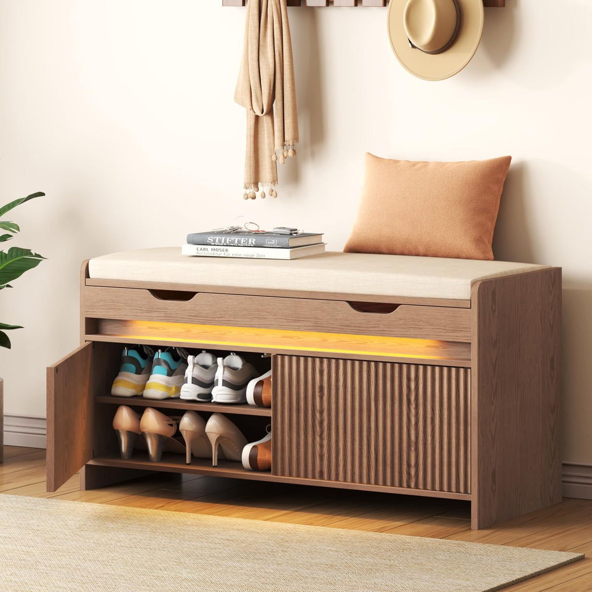 HOMEFORT Shoe Storage Bench, Modern Entryway Bench with Fluted Doors & Built-in LED Sensor Light, Wooden Shoe Bench with Cushion for Hallway and Bedroom, Walnut