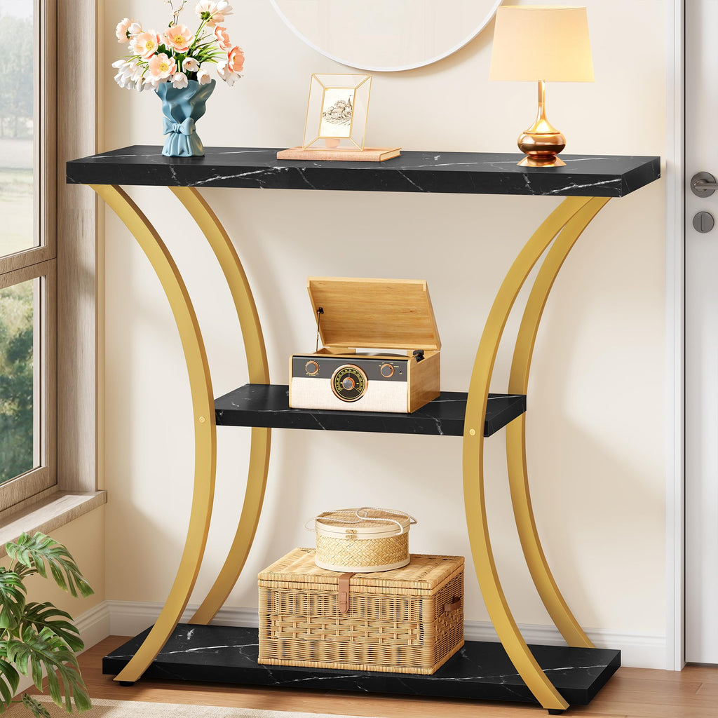 Hoctieon 3 Tier Console Table with Open Wood Shelves, Decorative Entryway Table with Curved Metal Frames, Narrow Sofa Table for Entrance, Living Room, Hallway, Rustic Brown+Black