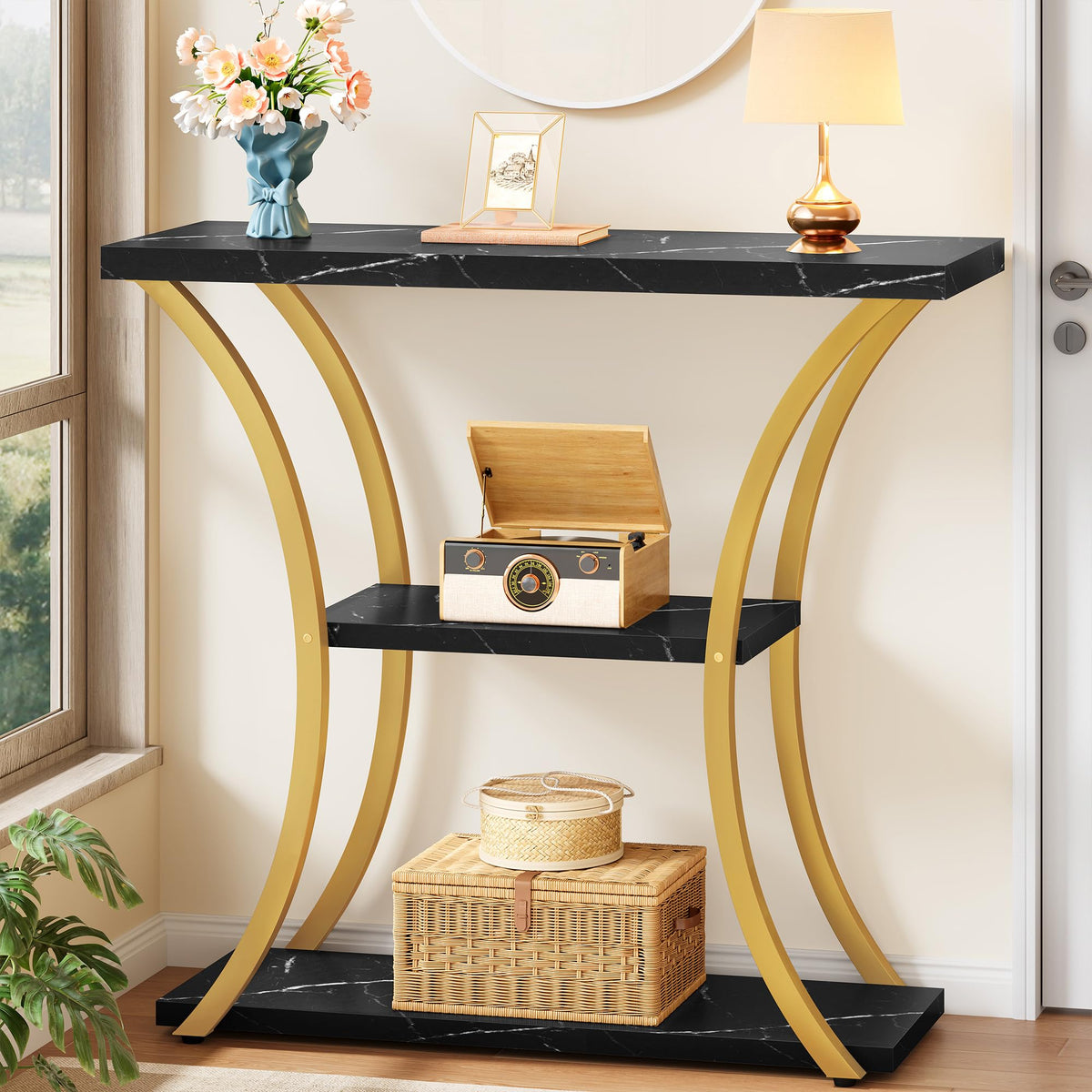Hoctieon 3 Tier Console Table with Open Wood Shelves, Decorative Entryway Table with Curved Metal Frames, Narrow Sofa Table for Entrance, Living Room, Hallway, Rustic Brown+Black