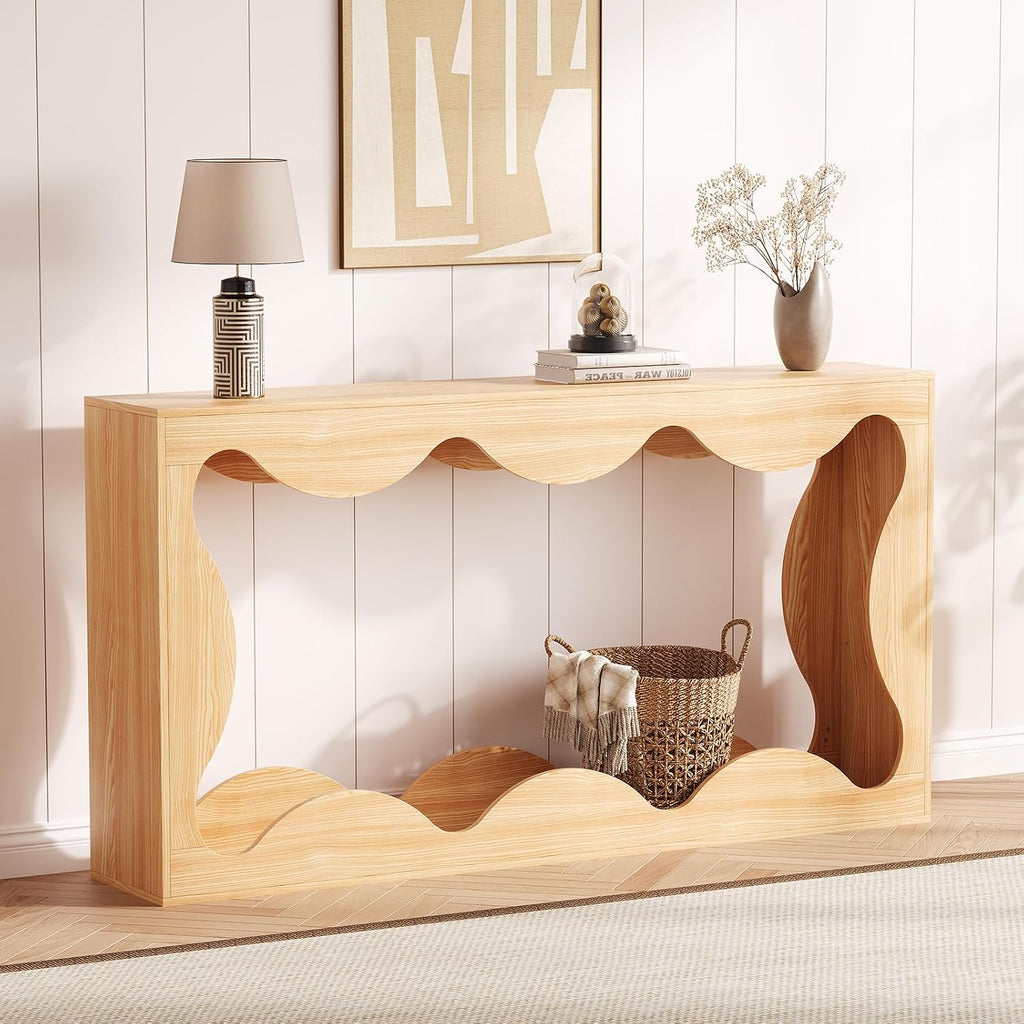 63" Farmhouse Entryway Table, Slim Wood Scalloped Sofa Table