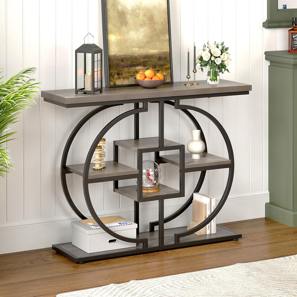 GiftGo Narrow Console Table for Entryway Industrial 4-Tier Sofa Table Behind Couch with Circle Base Rustic Wooden Accent Tables with Storage Shelves for Living Room, Hallway, Foyer (Grey)