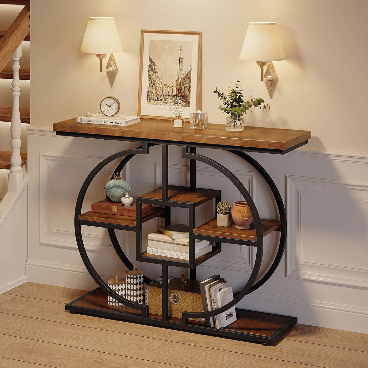 GiftGo Narrow Console Table for Entryway Industrial 4-Tier Sofa Table Behind Couch with Circle Base Rustic Wooden Accent Tables with Storage Shelves for Living Room, Hallway, Foyer (Grey)