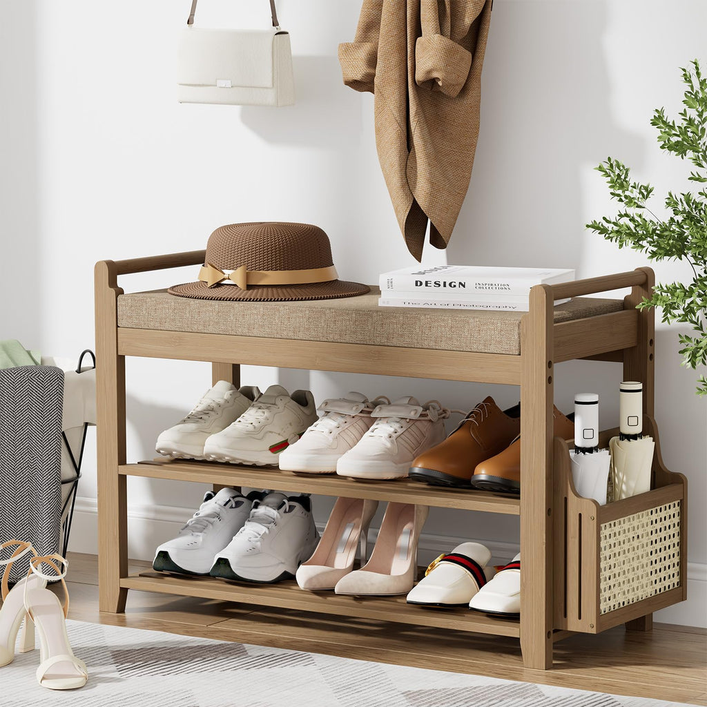 Homaxy 2-Tier Shoe Rack Bench, 28.2 in, Walnut and Light Brown