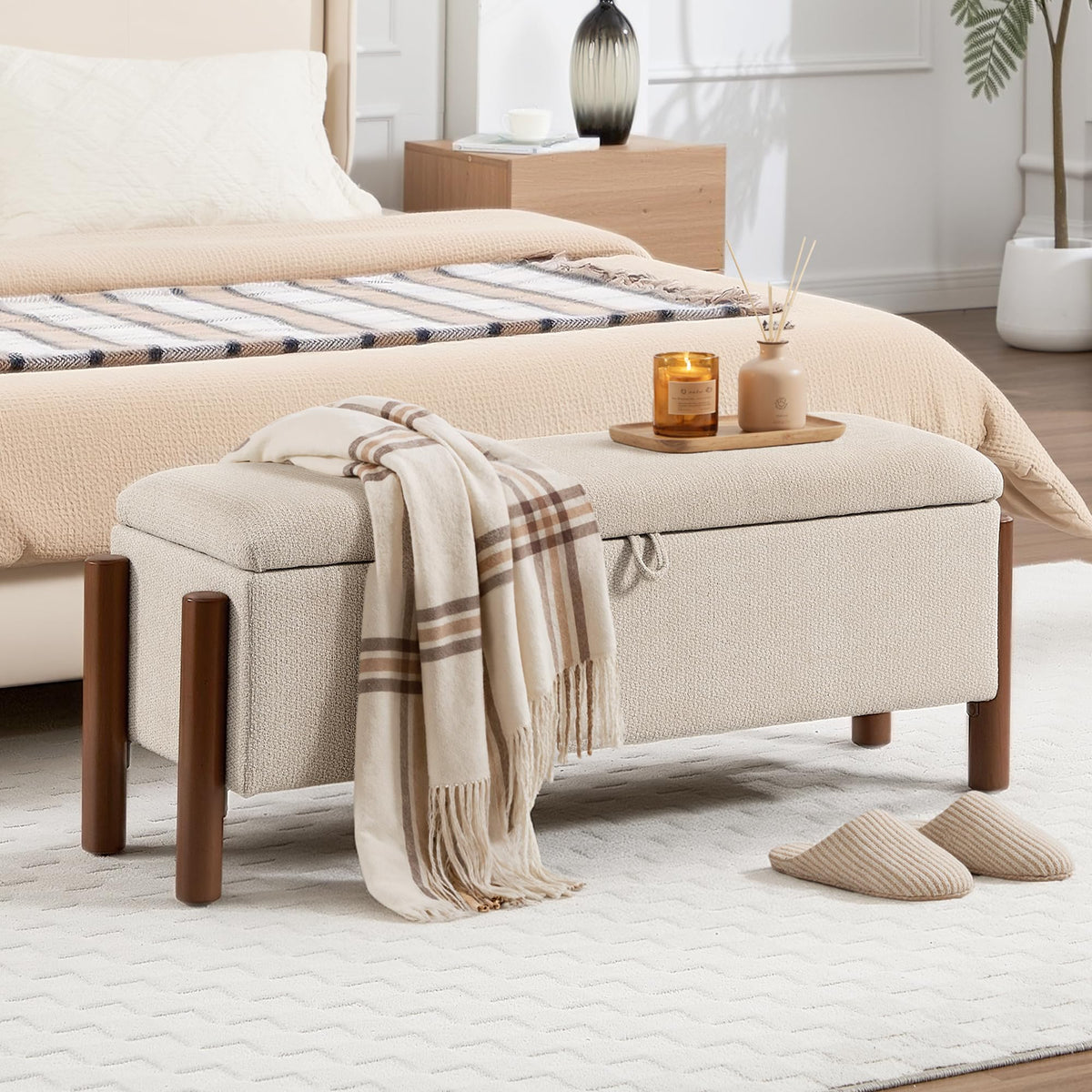 47'' Modern Storage Ottoman Benches with Walnut Wood Legs Ottoman Bench with 22 Gallons Storage Space Fabric Upholstered Seating End of Bed Bench for Bedroom for Livingroom Green