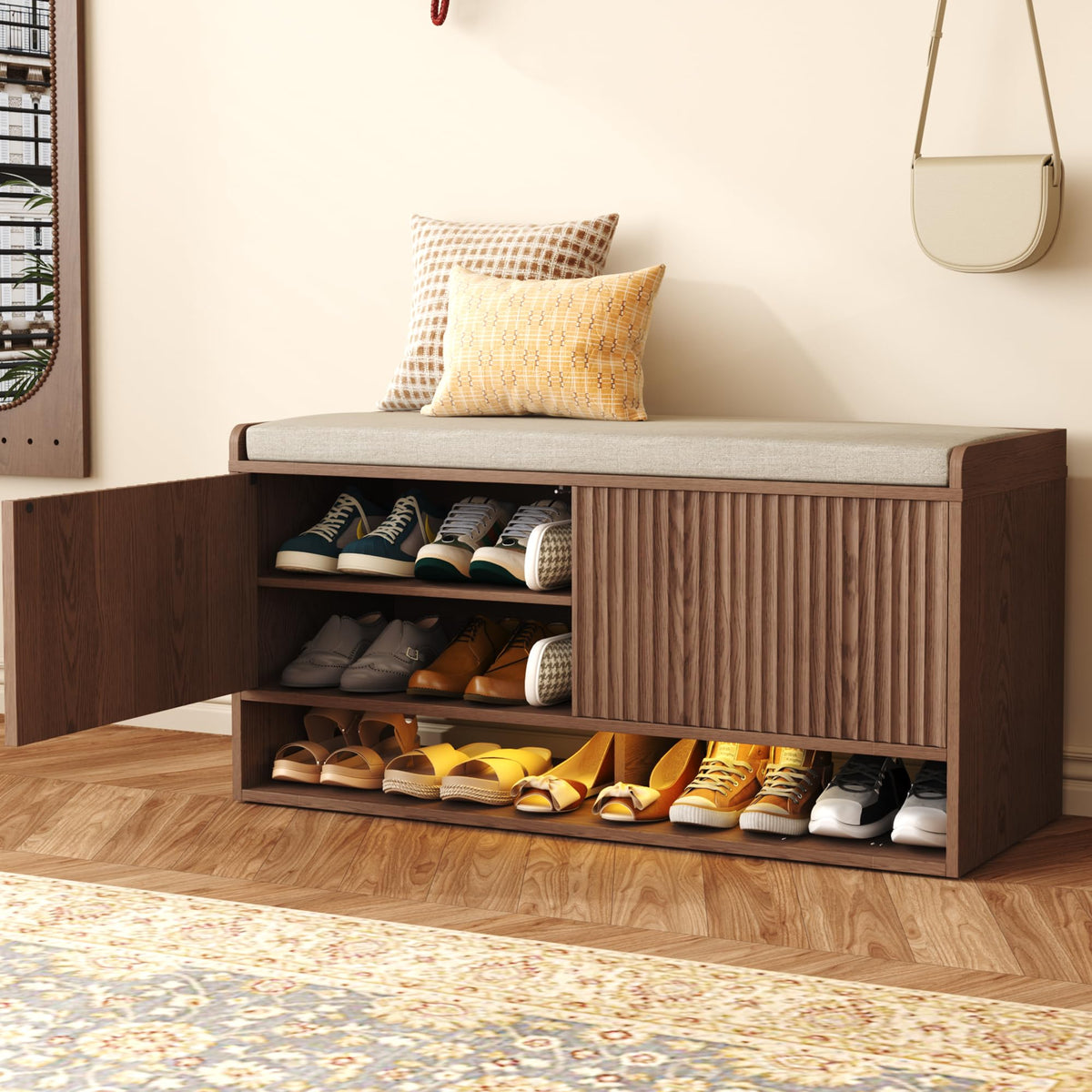 HOMEFORT 47.2" Fluted Shoe Storage Bench, Entryway Bench with Linen Seat Cushion, Shoe Cabinet Bench with Adjustable Shelf and Built-in LED Sensor Light, Bench for Bedroom End of Bed, Walnut
