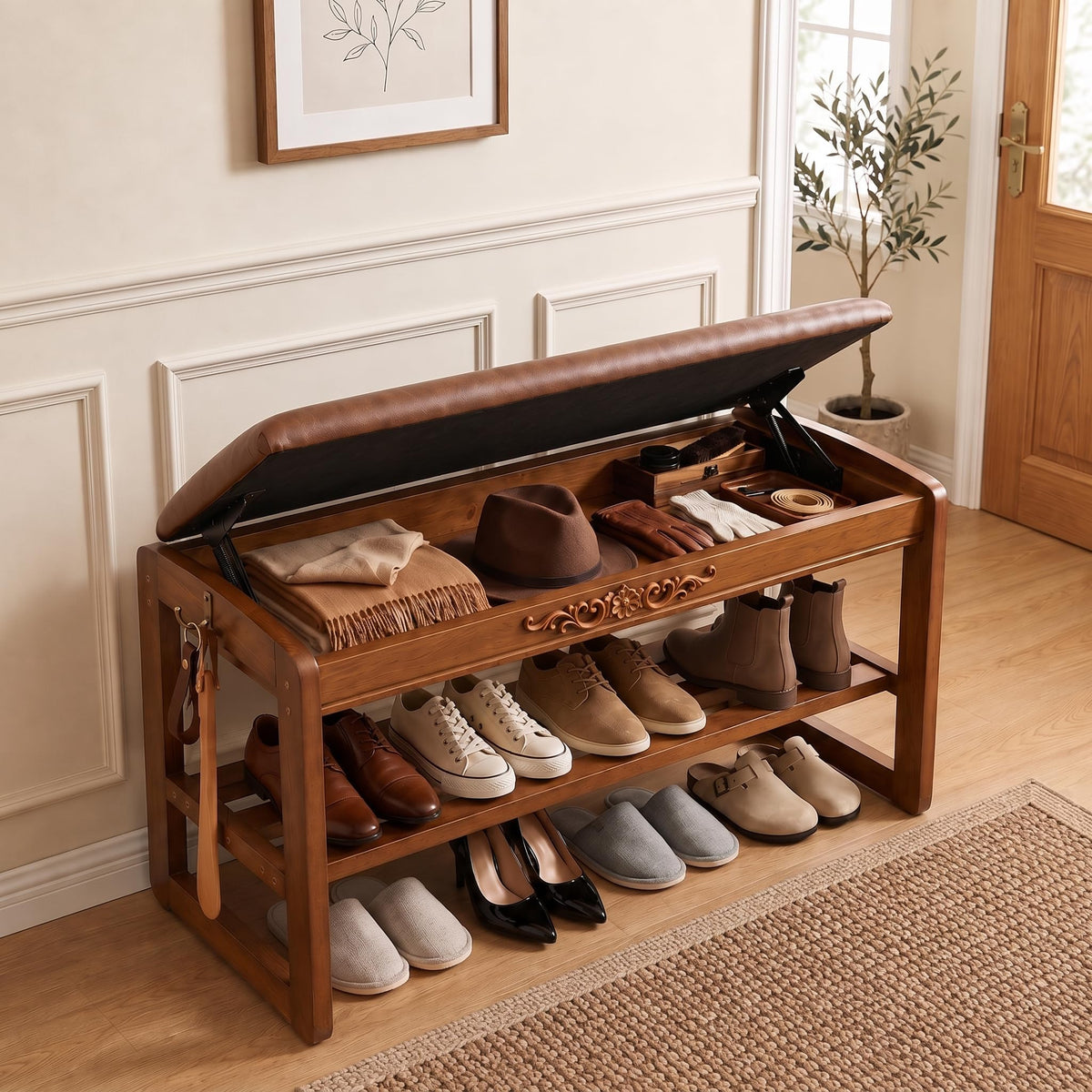 Shoe Rack Bench Solid Wood Entryway Shoe Storage Bench with Flip-Top 39.4''