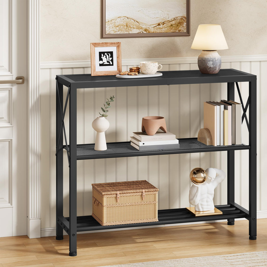 Hoctieon Set of 2 Industrial Console Table, 3 Tier Entryway Table, Metal Frame, Sofa Table with Shelf, Hallway Table, Entrance Table for Entryway, Living Room, Foyer, Hallway, Rustic Brown&Black