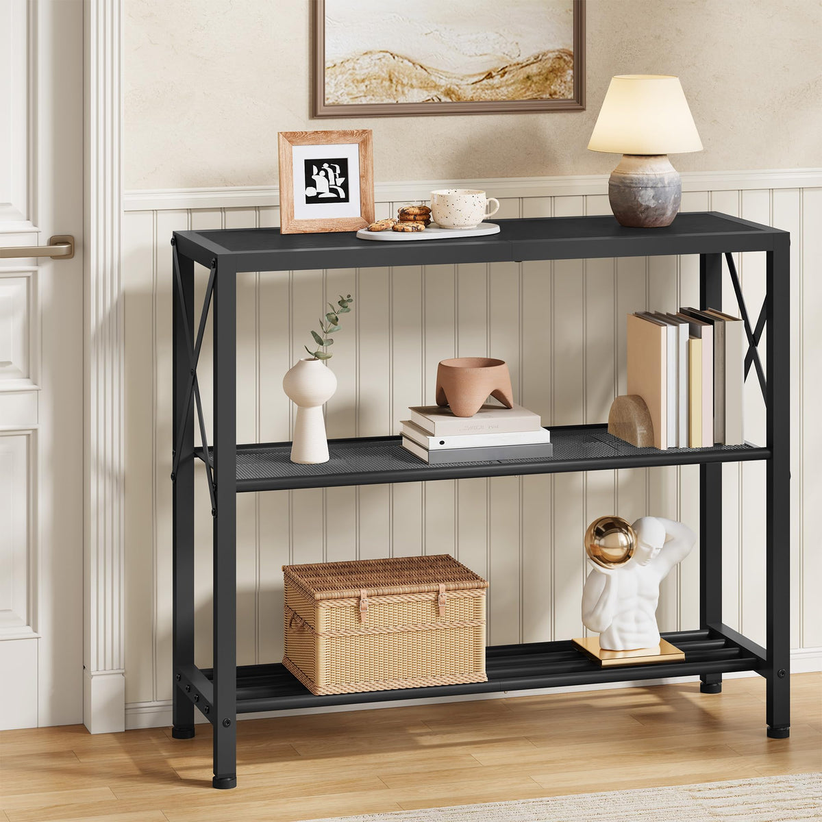 Hoctieon Set of 2 Industrial Console Table, 3 Tier Entryway Table, Metal Frame, Sofa Table with Shelf, Hallway Table, Entrance Table for Entryway, Living Room, Foyer, Hallway, Rustic Brown&Black