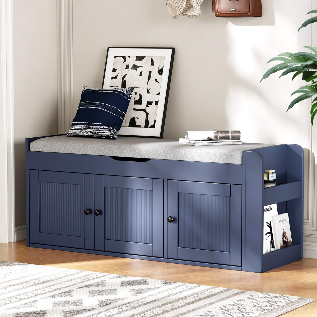 47.2" Storage Bench - Entryway Shoe Bench with Side Storage Shelves and 4 Doors, Multifunctional Entryway Bench with Lift Top Cushion, Shoe Storage Bench for Bedroom, Living Room, White