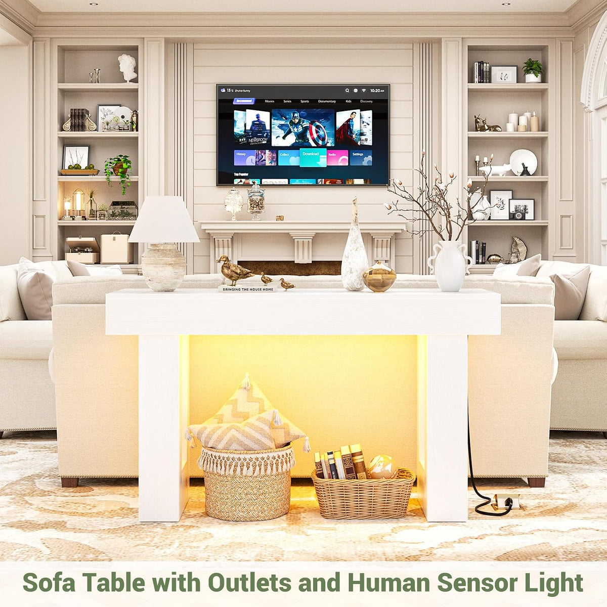 Unikito 47" Entryway Table with Sensor Light and Outlets, Pure White