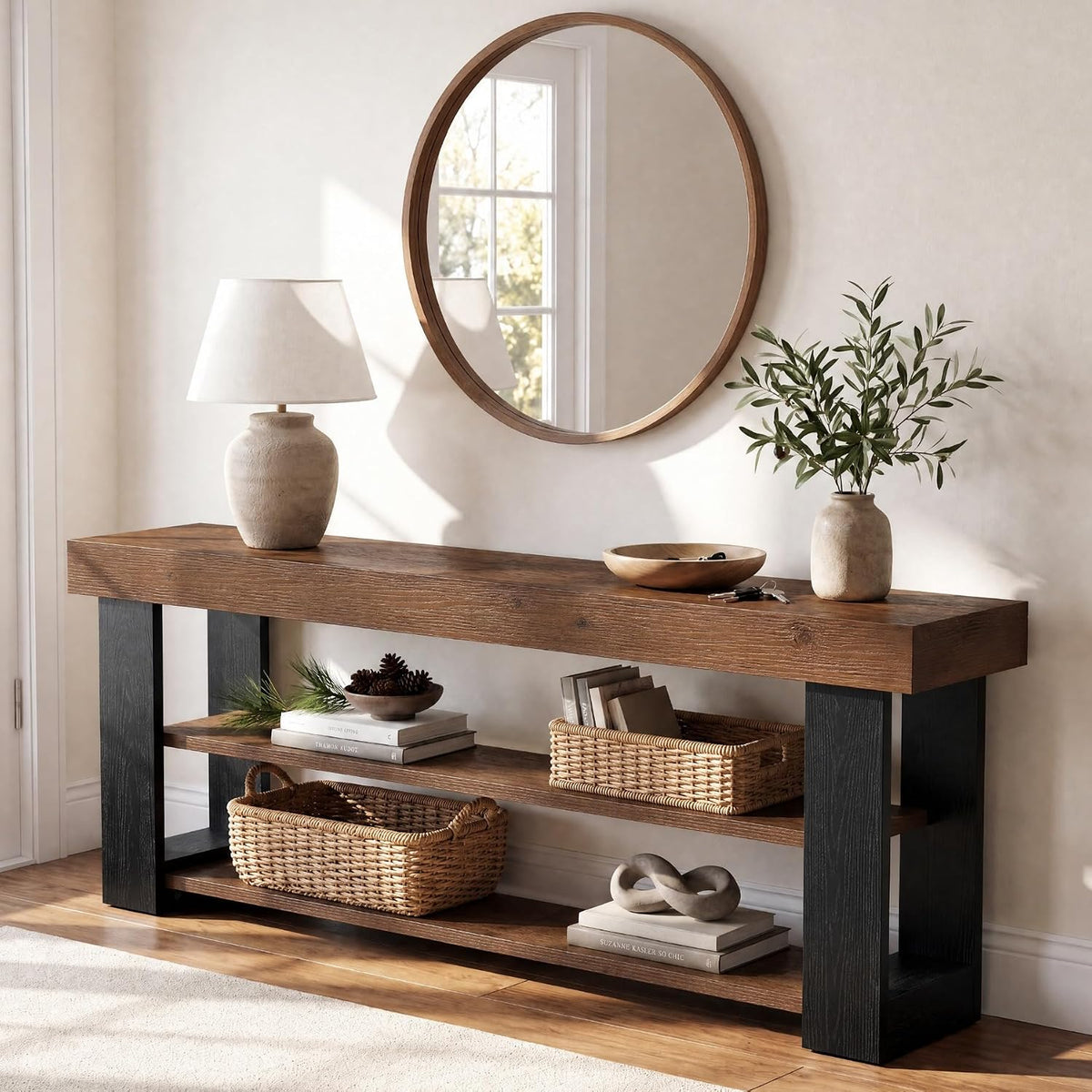 63" Solid Wood Console Table with 3-Tier Storage Shelves